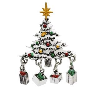 SILVER CHRISTMAS TREE BROOCH WITH PRESENTS UNDERNEATH